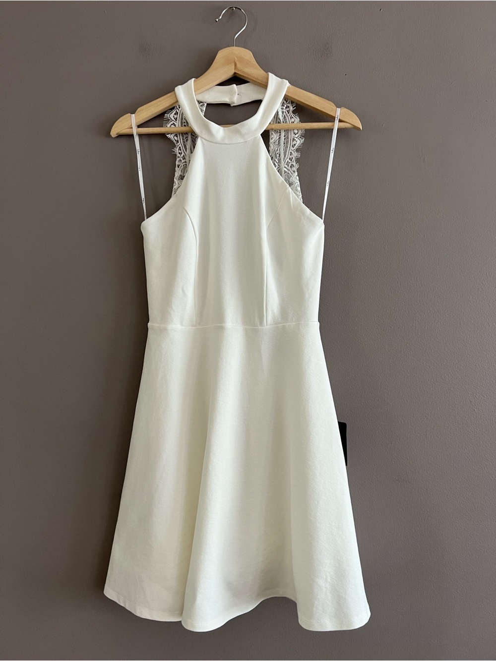 Lulus Lace Backless Skater Halter Dress Womens Small Off White Mini Fit & Flare